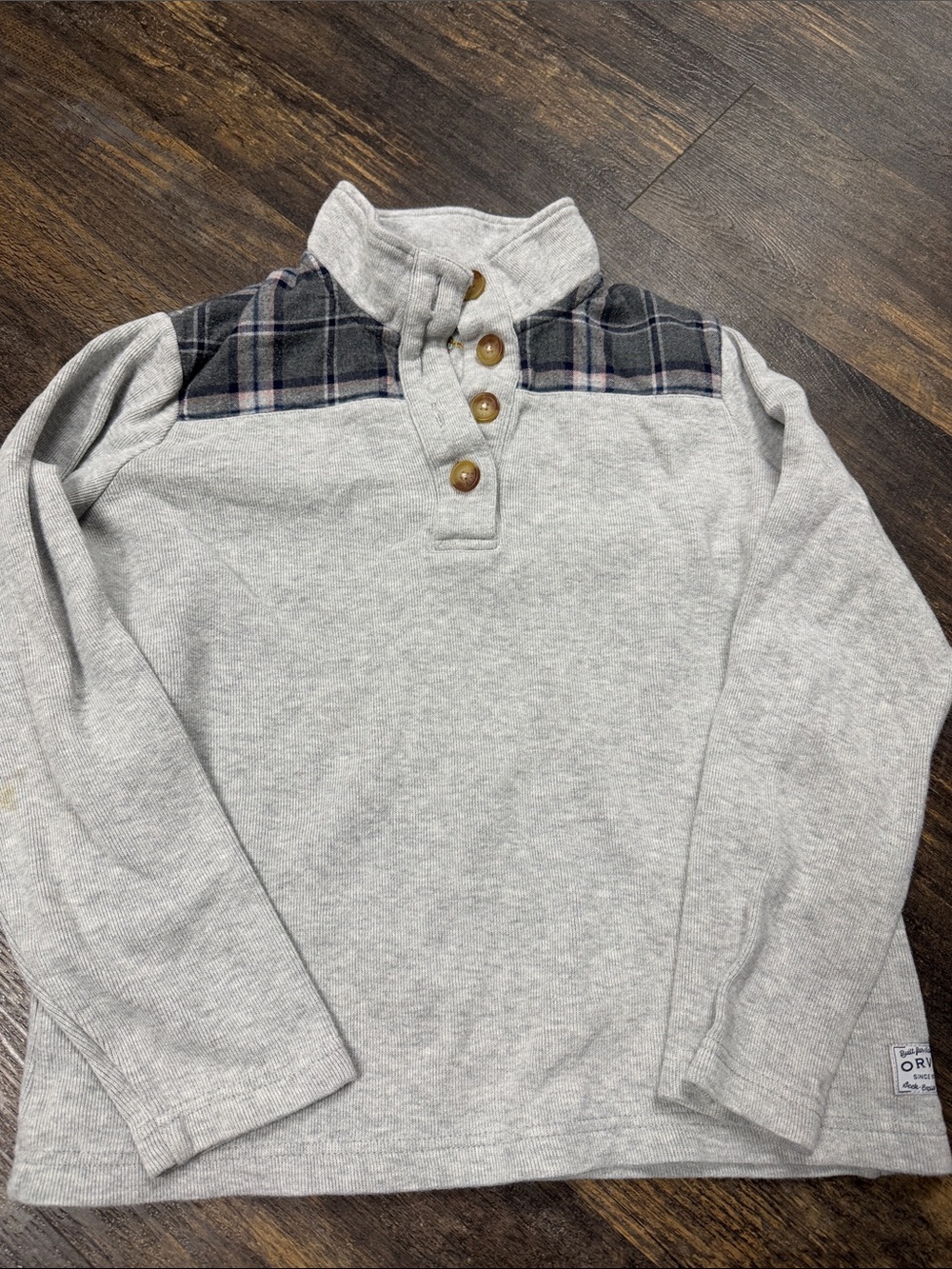 Orvis Light Gray Pullover with Navy Plaid Yoke